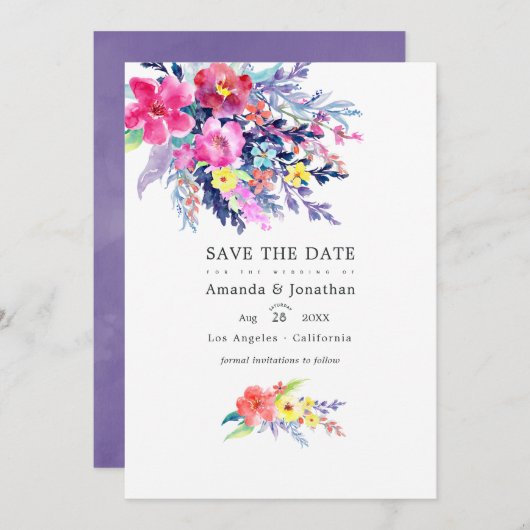 水カラフル色フローラ春の結婚式写真 セーブザデート (正面/裏面)