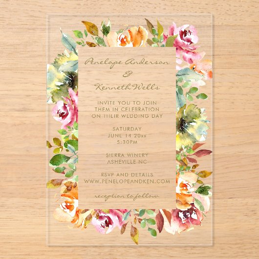 水カラフル色フローラ結婚の自然防峰 アクリル招待状 (正面)