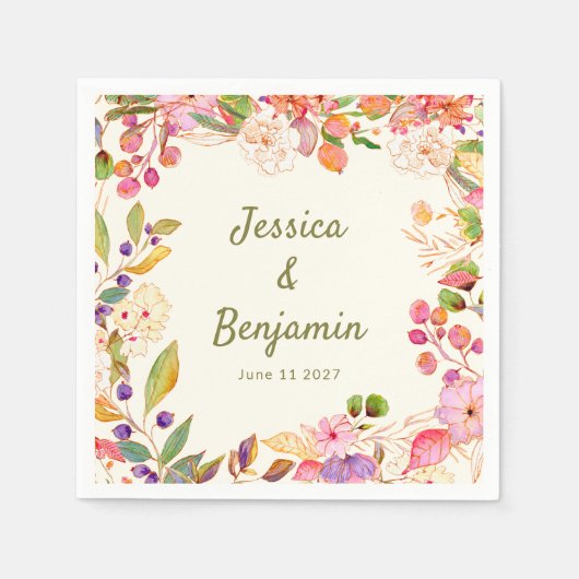 水カラフル色フローラ結婚名前をカスタムする スタンダードカクテルナプキン (正面)