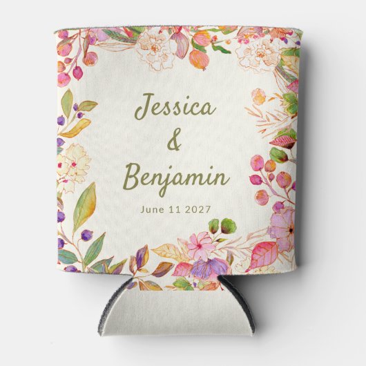 水カラフル色フローラ結婚名前をカスタムする 缶クーラー (正面)