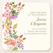 水カラフル色フローラ結婚式の日付を保存 スクエアペーパーコースター (正面)