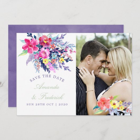 水カラフル色フローラ結婚式の日付を保存 セーブザデート (正面/裏面)