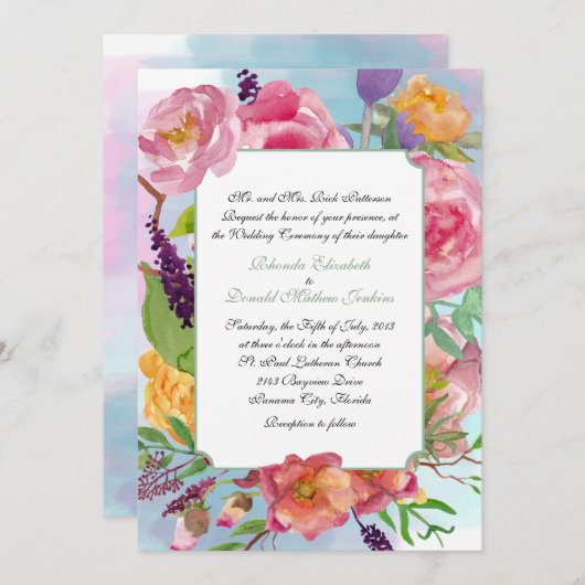 水カラフル色フローラ結婚式招待状 招待状 (正面/裏面)