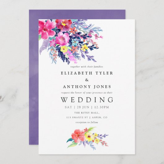 水カラフル色フローラ結婚式招待状 招待状 (正面/裏面)