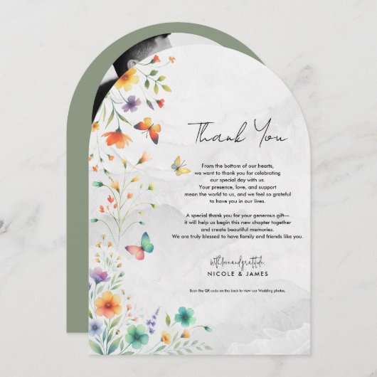 水カラフル色フローラ蝶ありがとう 招待状 (正面/裏面)