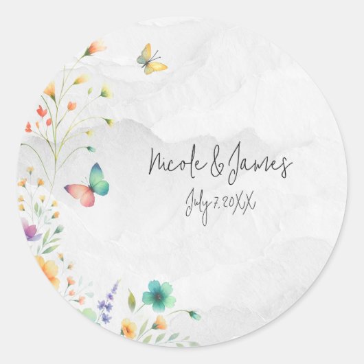 水カラフル色フローラ蝶ブライダルシャワー ラウンドシール (正面)