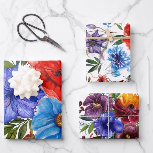 水カラフル色フローラ ラッピングペーパーシート (正面)