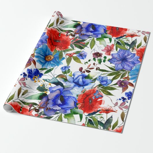 水カラフル色フローラ ラッピングペーパー (アンロールド)