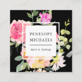 水カラフル色フローラQRコードブラック スクエア名刺 (正面)