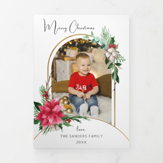 水カラフル色ポインセチア、松&アーチ写真 三つ折りカード (カバー)