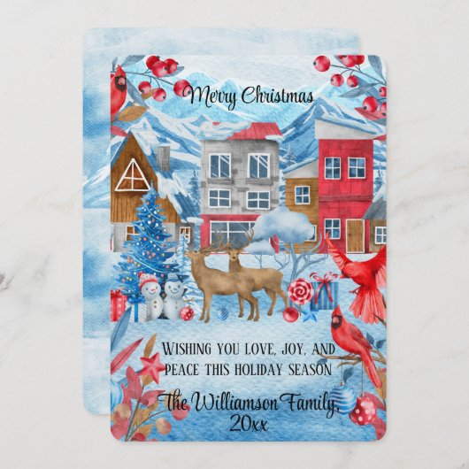 水カラフル色モダンスカンジタウンクリスマス シーズンカード (正面/裏面)