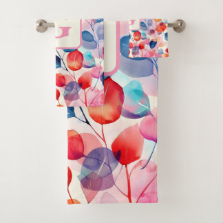 水カラフル色ユーカリ葉モノグラム バスタオルセット