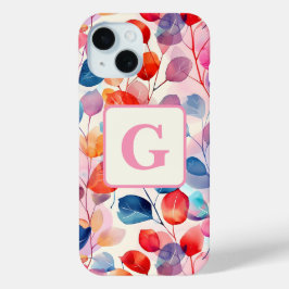 水カラフル色ユーカリ葉モノグラム iPhone 15ケース