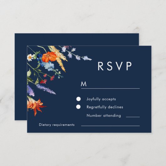 水カラフル色ワイルドフラワーネイビー結婚ズ 出欠カード (正面/裏面)