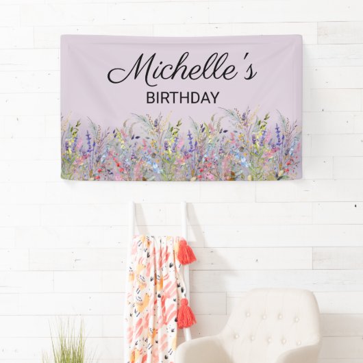 水カラフル色ワイルドフラワーパープル誕生日 横断幕 (インサイチュ)