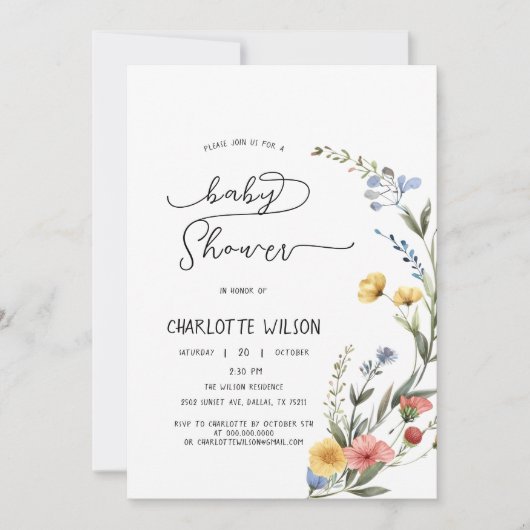 水カラフル色ワイルドフラワー赤ちゃんシャワー 招待状 (正面)