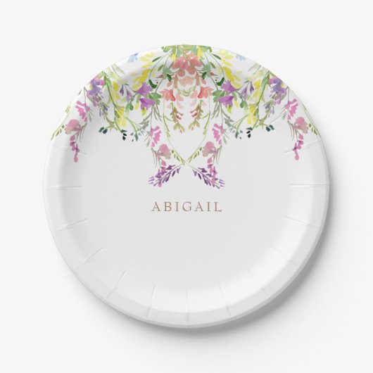 水カラフル色ワイルドフラワー金ゴールド名前をカスタムする ペーパープレート (正面)