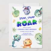 水カラフル色恐竜の最初の誕生日パーティー 招待状 (正面)