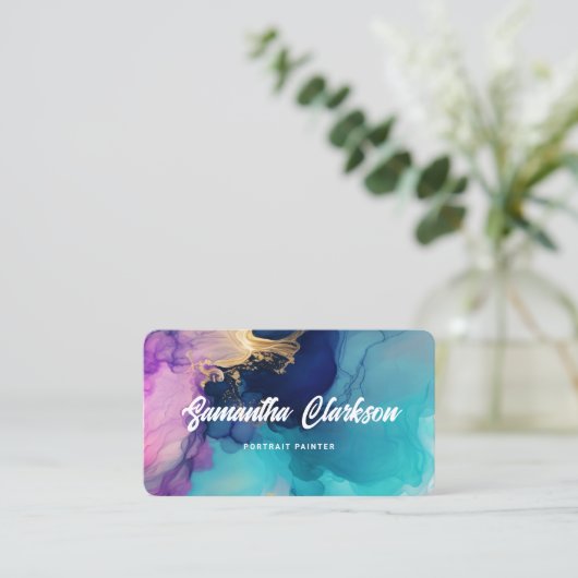 水カラフル色抽象芸術厚い筆記体スクリプト 名刺 (スタンド正面)