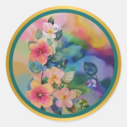 水カラフル色春枝と花 ラウンドシール (正面)