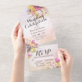 水カラフル色花植物結婚式RSVP オールインワン招待状