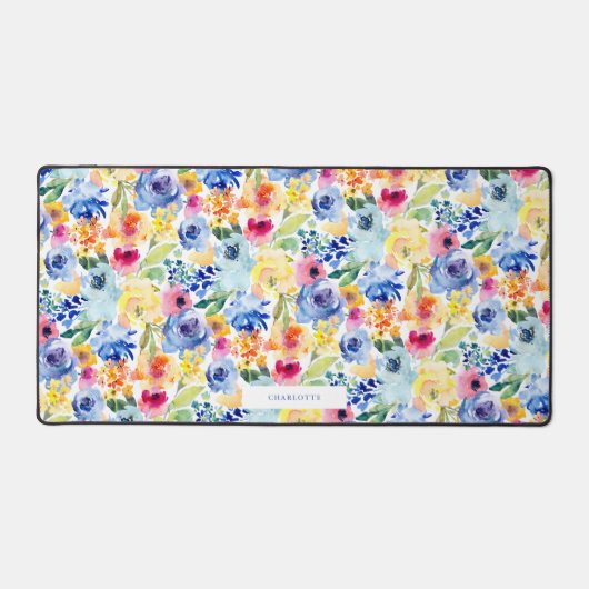 水カラフル色花模様緩和曲線 デスクマット (正面)