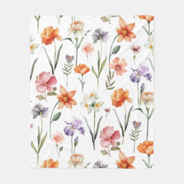 水カラフル色野草花柄 フリースブランケット