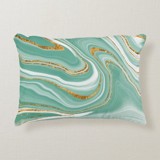 水カラーアゲートミントグリーン金ゴールドフェイクグリッター アクセントクッション (正面)