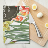 水カラーイエローオレンジ春の花デザイン キッチンタオル (四つ折り)