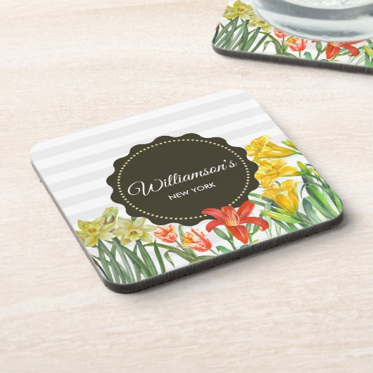 水カラーイエローオレンジ春の花デザイン コースター (左側)