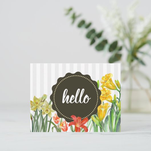 水カラーイエローオレンジ春の花デザイン ポストカード (スタンド正面)