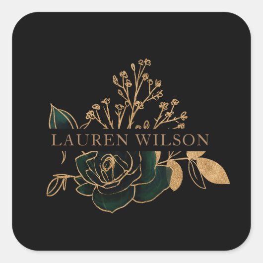 水カラーエメラルド金ゴールドエレガントフローラ スクエアシール (正面)