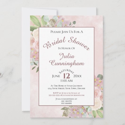 水カラーエレガントフローラマウブピンクブライダルシャワー 招待状 (正面)
