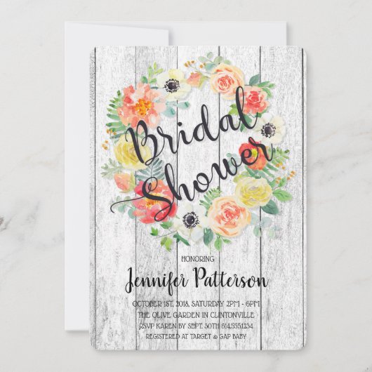 水カラーオレンジ&イエローリースブライダルシャワー 招待状 (正面)