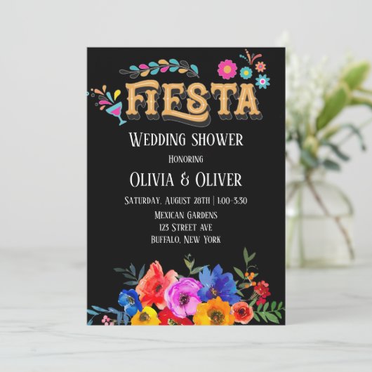 水カラーカラフル花模様フィエスタウェディングシャワー 招待状 (スタンド正面)