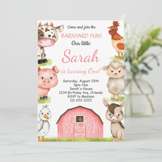 水カラーガーリーファームアニマルズ誕生日招待状 招待状 (スタンド正面)
