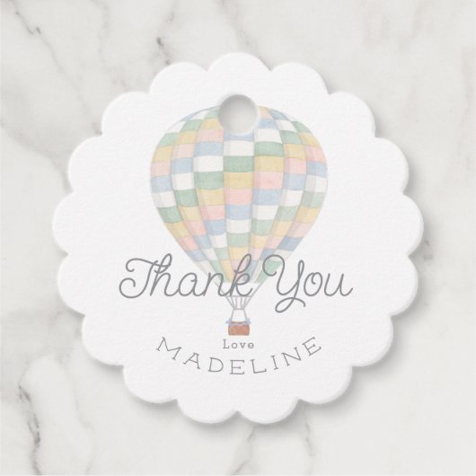 水カラーキルトホットエアバルーン赤ちゃんシャワー フェイバータグ (正面)