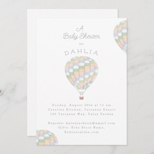 水カラーキルトホットエアバルーン赤ちゃんシャワー 招待状 (正面/裏面)
