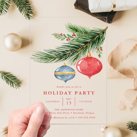 水カラークリスマスオーナメントパインホリデーパーティー アクリル招待状