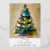 水カラークリスマスツリー芸術的ゴールドフォイルカード 箔招待状 (正面)
