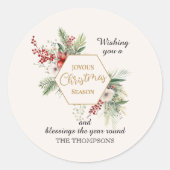 水カラークリスマスボタニカル名前をカスタムするホワイト ラウンドシール (正面)