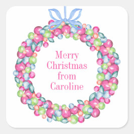 水カラークリスマスボーカラフルブルリース スクエアシール