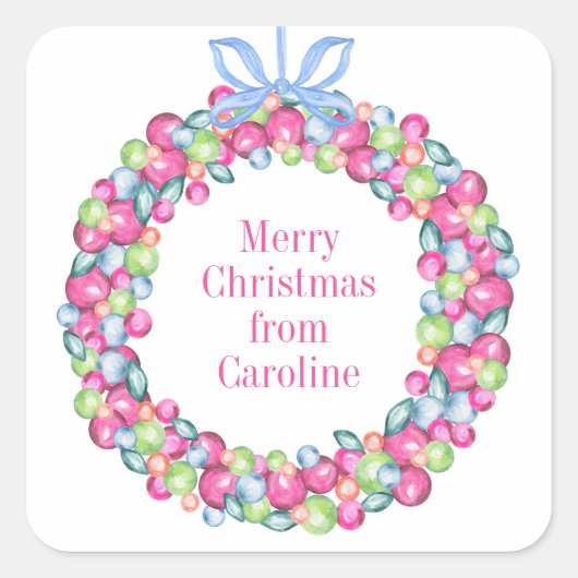 水カラークリスマスボーカラフルブルリース スクエアシール (正面)
