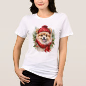 水カラークリスマスポメラニア犬犬 トライブレンドTシャツ (正面)