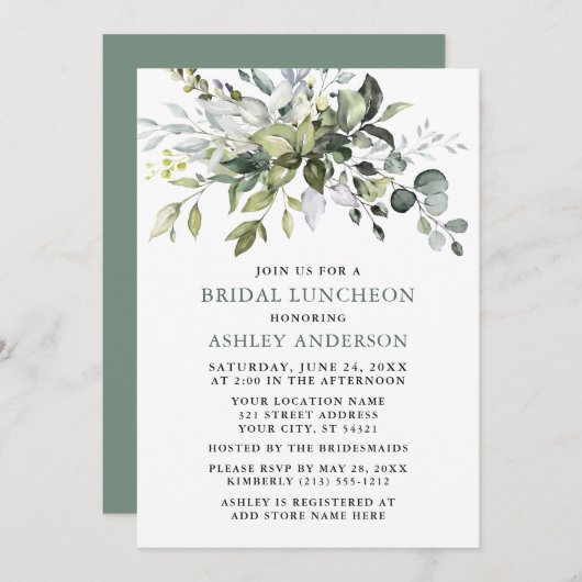 水カラーグリーナリーセージ緑ブライダルランチョン 招待状 (正面/裏面)