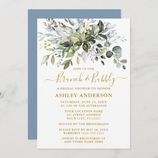 水カラーグリーナリーダスティブルーブライダルシャワー金ゴールド 招待状 (正面/裏面)