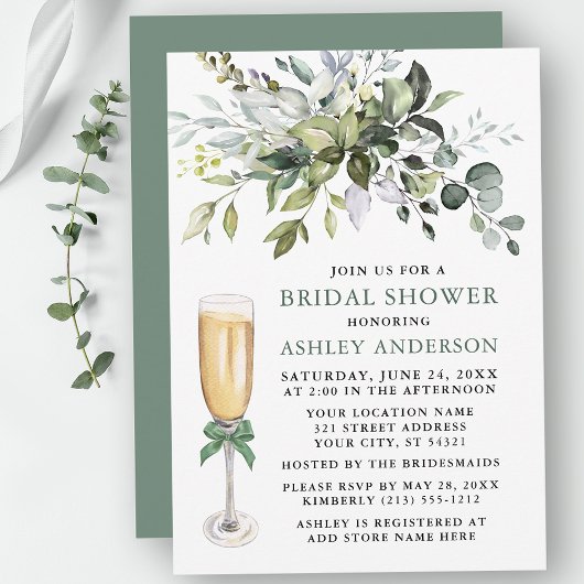 水カラーグリーンブライダルシャワーセージ緑ボウ 招待状