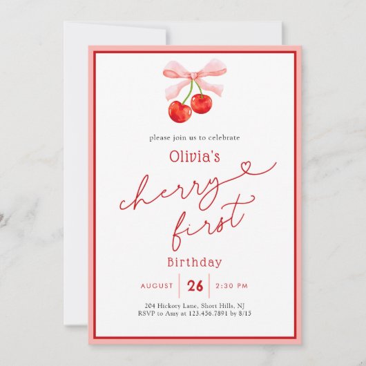 水カラーコケットさくらんぼ第1誕生日 招待状 (正面)
