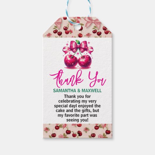 水カラーコケットさくらんぼ1st誕生日パーティー ギフトタグ (正面)