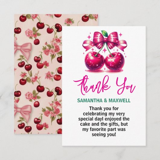 水カラーコケットさくらんぼ1st誕生日パーティー サンキューカード (正面/裏面)
